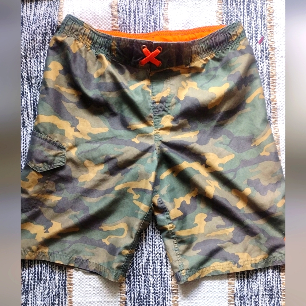 Camouflage Cargo Boys Swim Trunks with Orange Accent 10-12